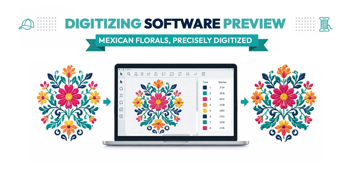 Embroidery digitizing software screen showing a Mexican floral pattern being converted to stitch data