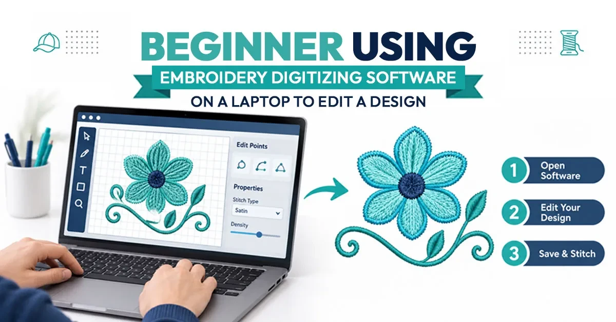 Beginner using embroidery digitizing software on a laptop to edit a design