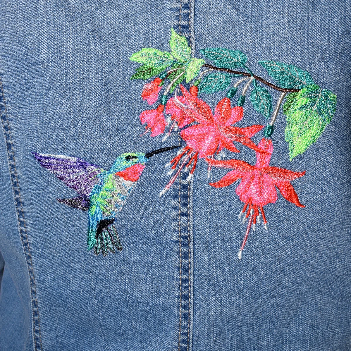 Sequin Hummingbird Embellishment on a Denim Shirt