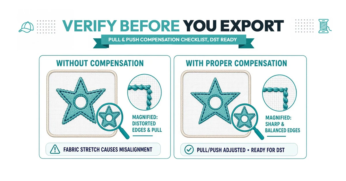 Checklist graphic for verifying pull and push compensation before exporting an embroidery file to DST