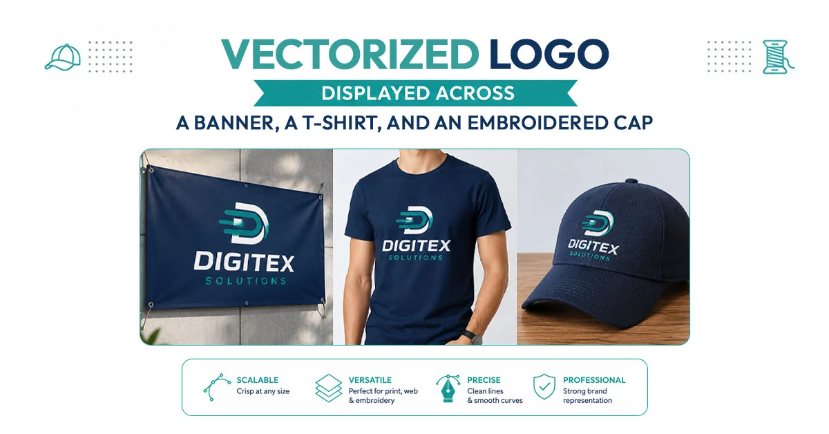 Vectorized logo displayed across a banner, a t-shirt, and an embroidered cap