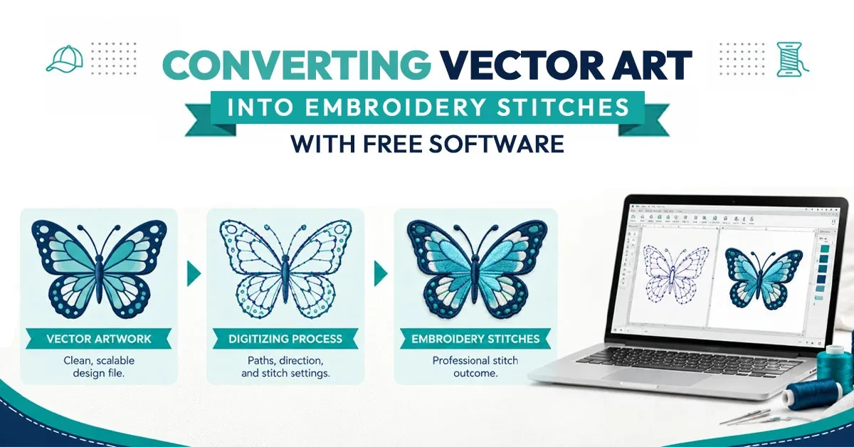 Vector artwork being converted to embroidery stitches in free digitizing software