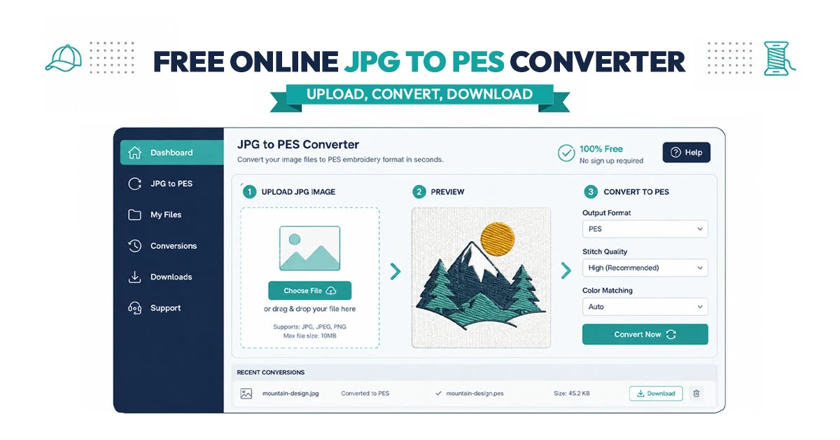 Screenshot mockup of a free online JPG to PES converter tool interface