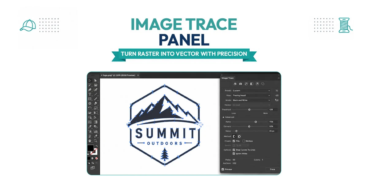 Screen showing Image Trace panel with anchor points on a logo outline