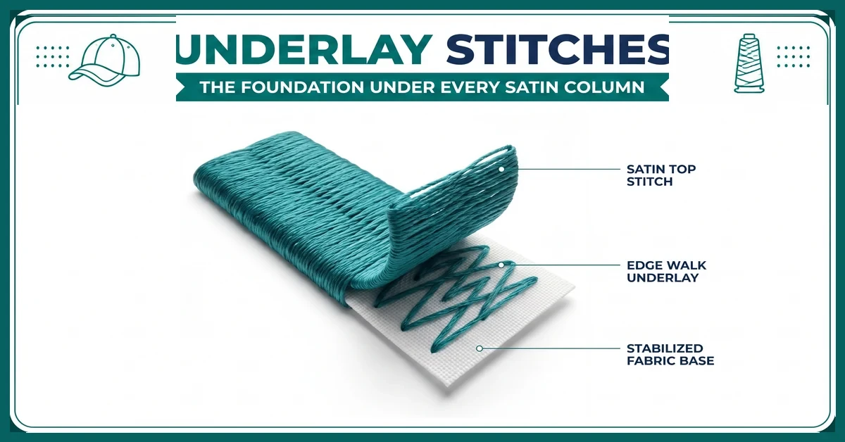 Diagram showing underlay stitch types under a satin column