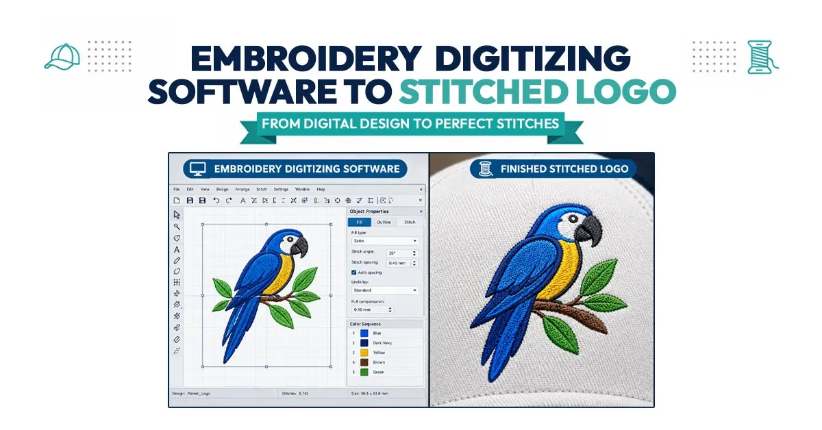 Split screen showing embroidery digitizing software interface next to a finished stitched logo