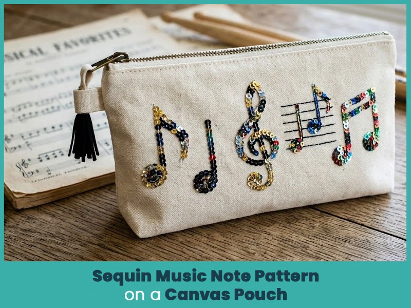 Sequin Music Note Pattern on a Canvas Pouch
