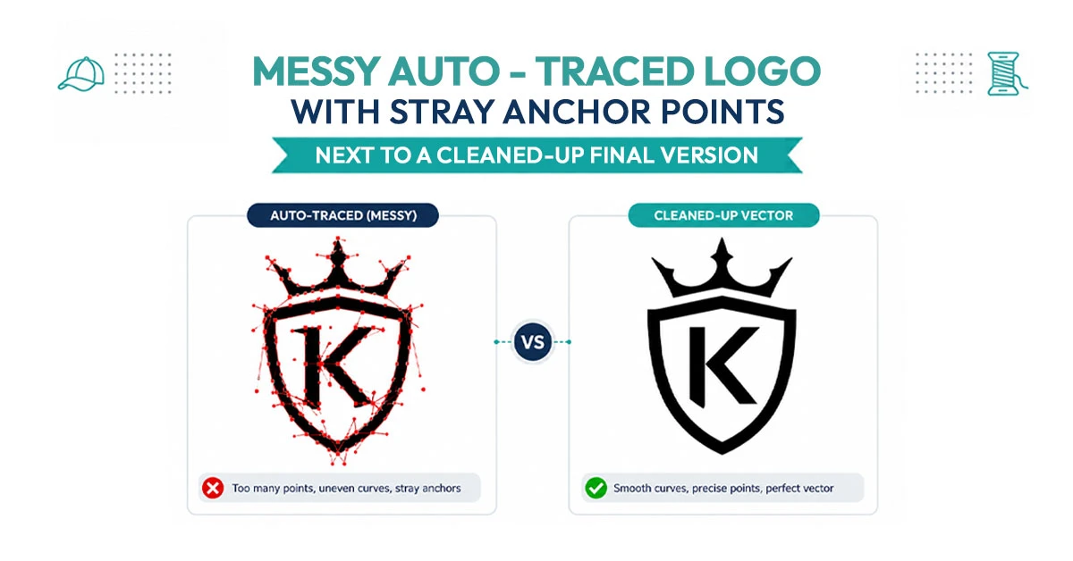 Messy auto-traced logo with stray anchor points next to a cleaned-up final version