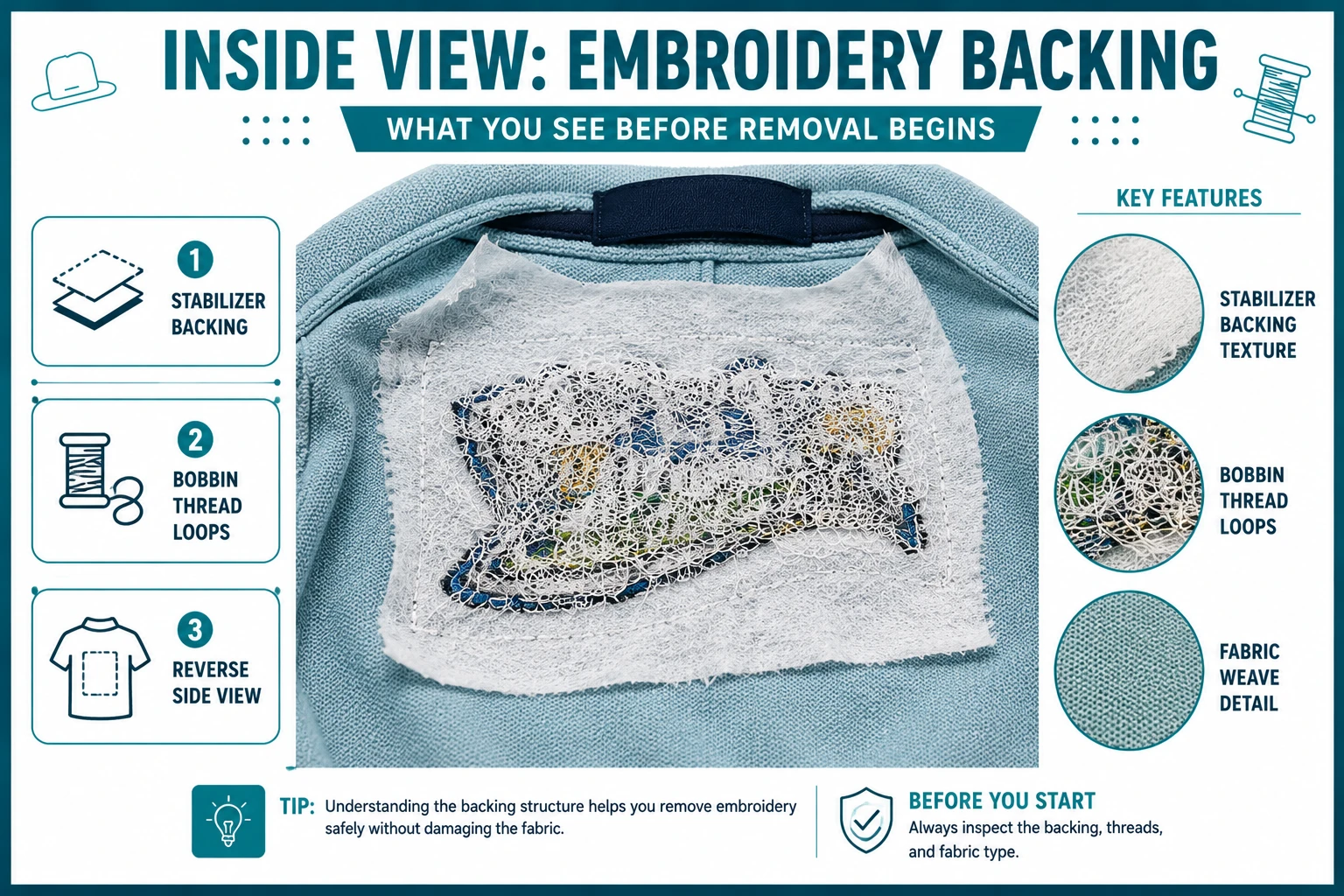 inside of shirt showing embroidery backing before removal