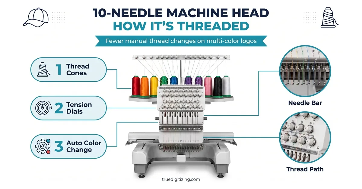 Close-up of a 10-needle embroidery machine head threaded with multiple thread colors