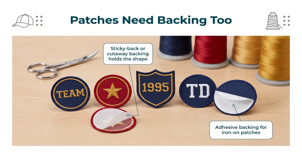 Embroidered patches on a production table with backing material visible underneath