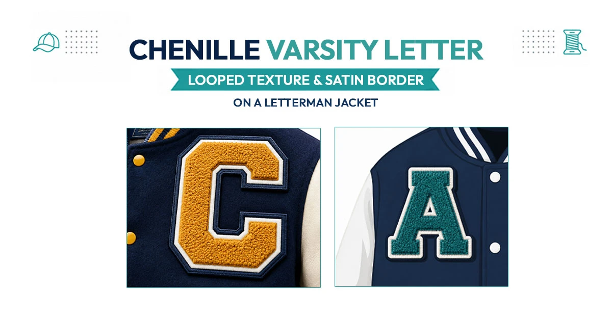 Chenille varsity letter with looped texture and satin border on a letterman jacket