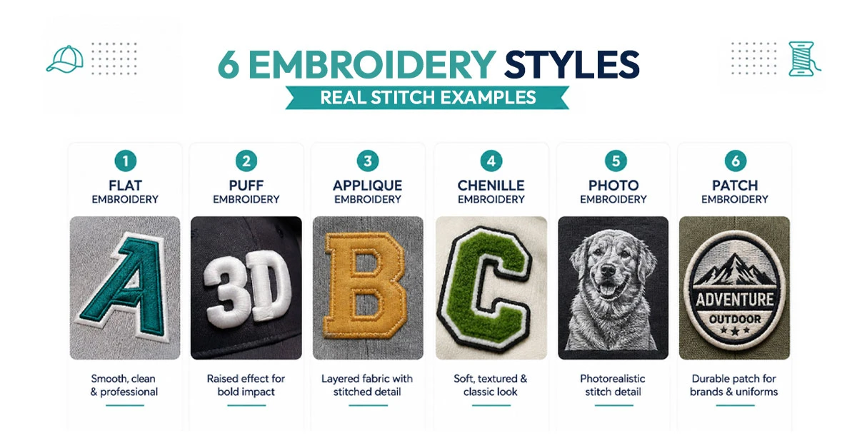 Six embroidered samples showing flat, puff, applique, chenille, photo and patch stitching