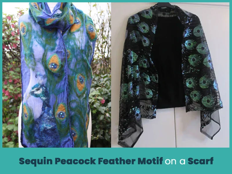 Sequin Peacock Feather Motif on a Scarf