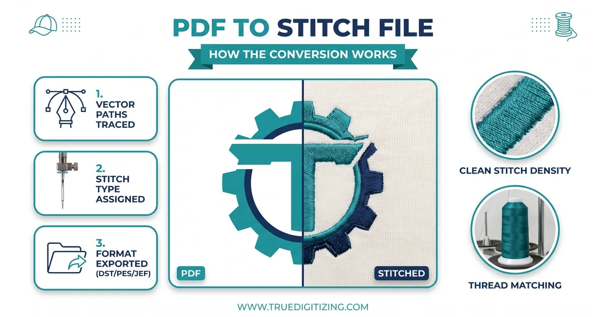 Side-by-side of a flat PDF design and the same design stitched in thread