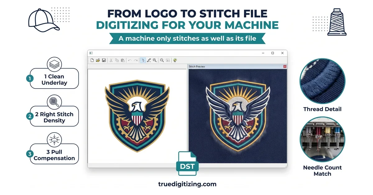 Digitizing software screen showing a logo converted into an embroidery stitch file