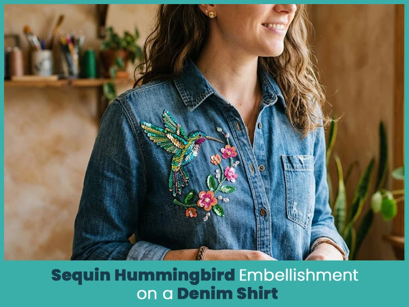 Sequin Hummingbird Embellishment on a Denim Shirt