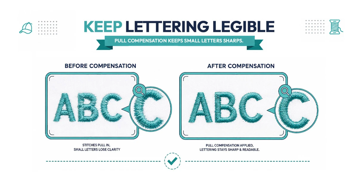 Small embroidered lettering compared before and after pull compensation was applied to keep the strokes readable