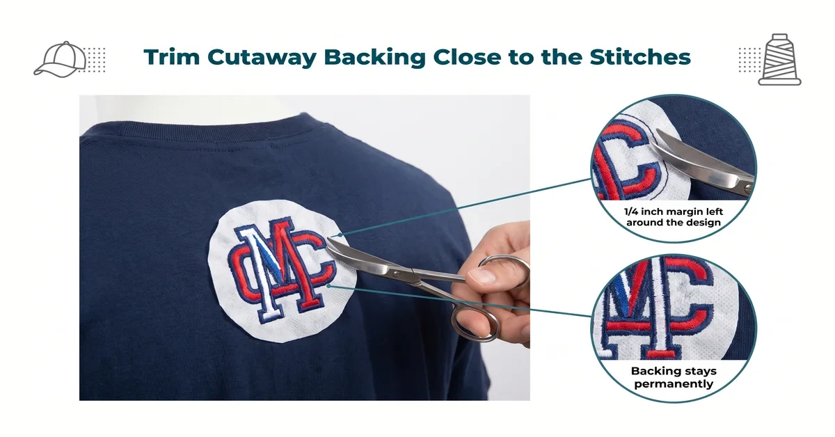 Close-up of cutaway embroidery backing being trimmed around a finished design