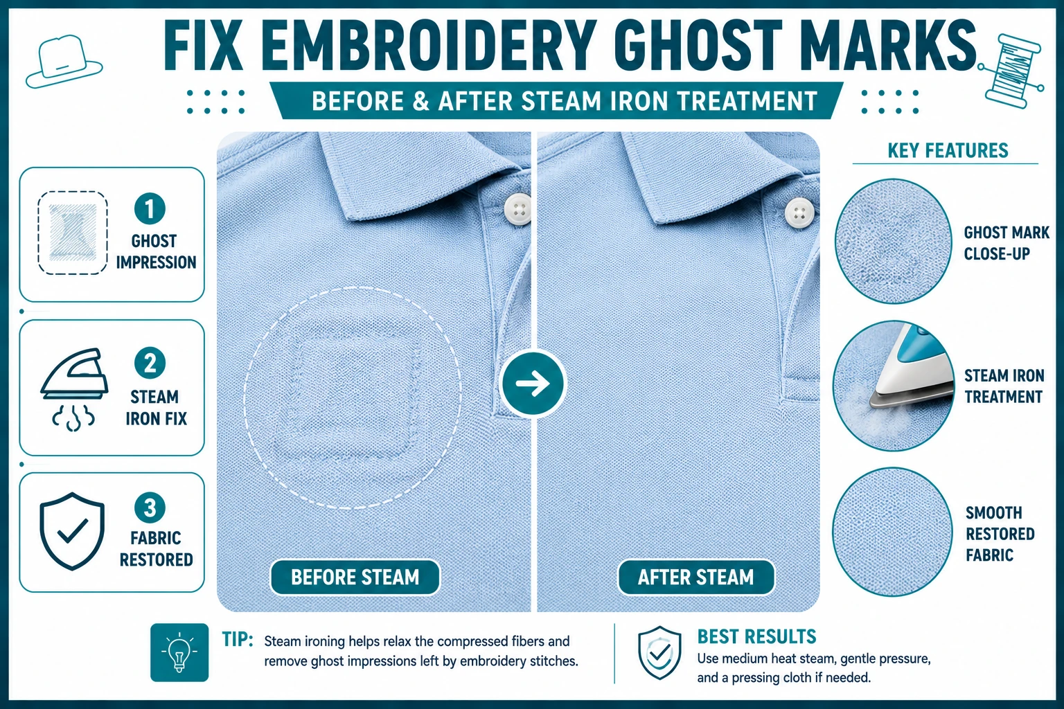 embroidery ghost mark before and after steam iron treatment