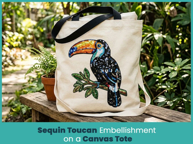 Sequin Toucan Embellishment on a Canvas Tote