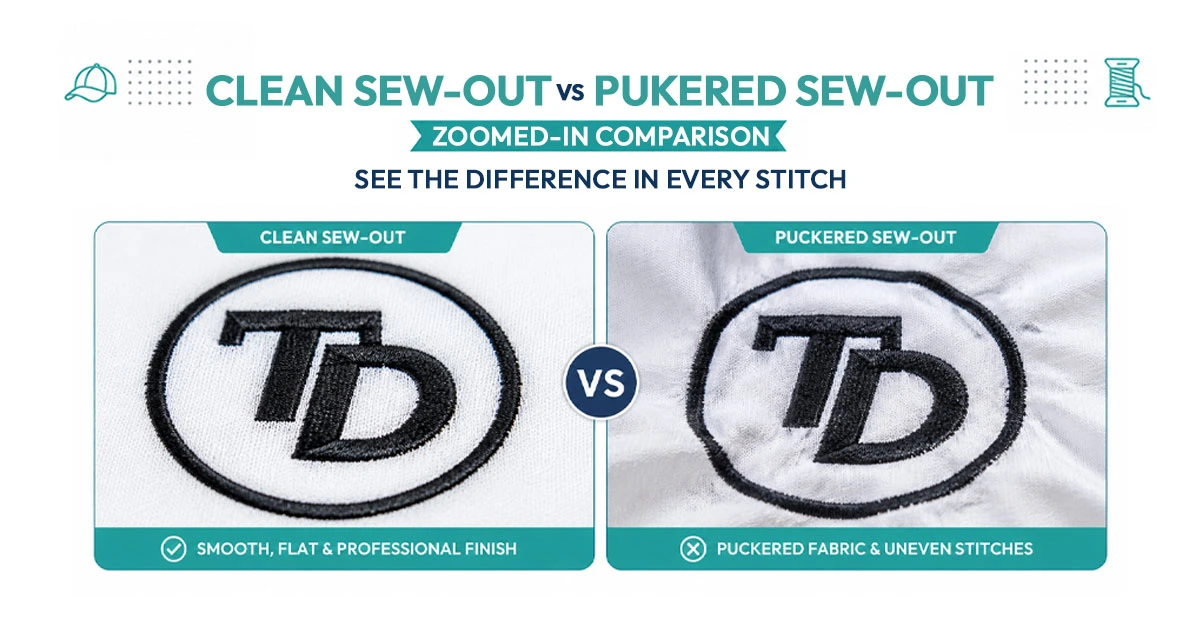 Close-up comparison of a clean sew-out next to a puckered one