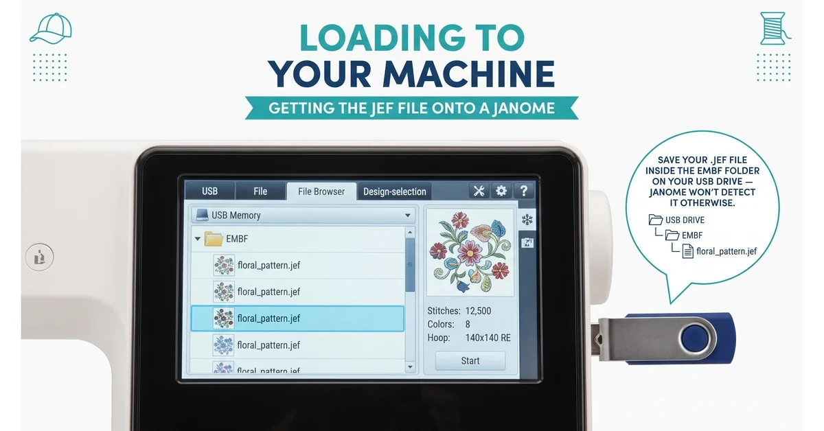 Janome embroidery machine screen showing a JEF file loaded