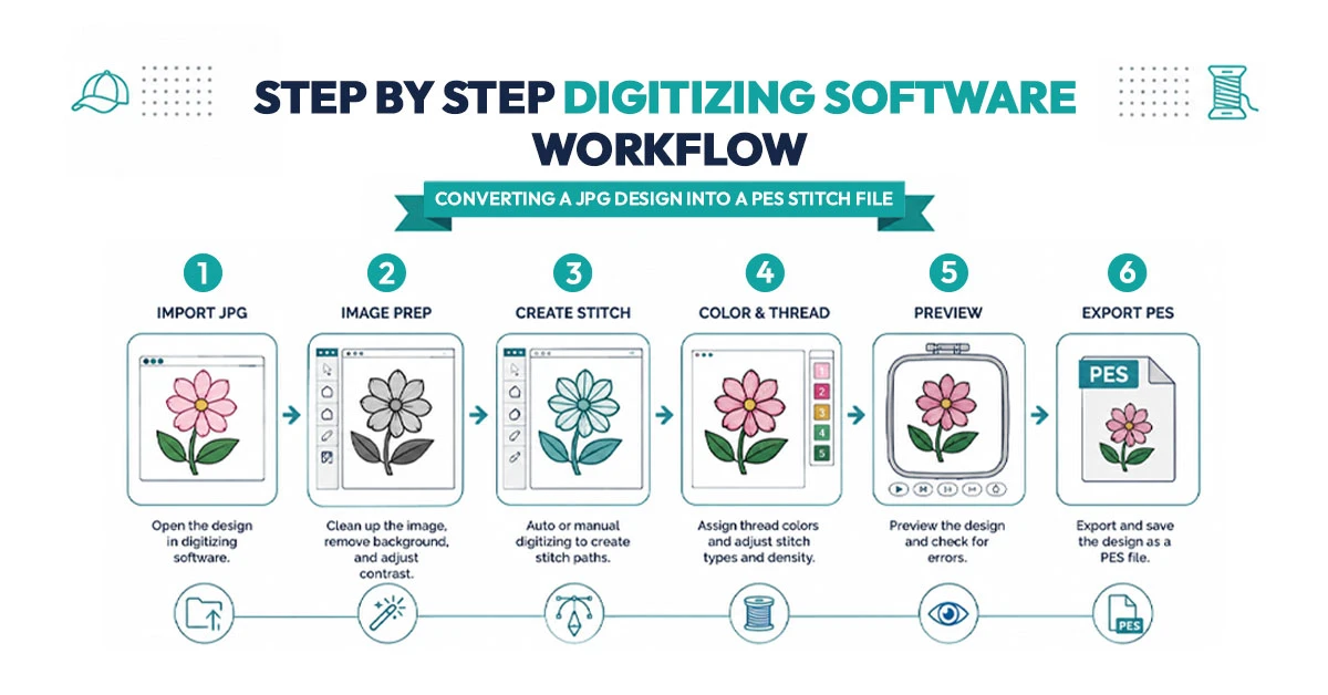Step-by-step digitizing software workflow converting a JPG design into a PES stitch file