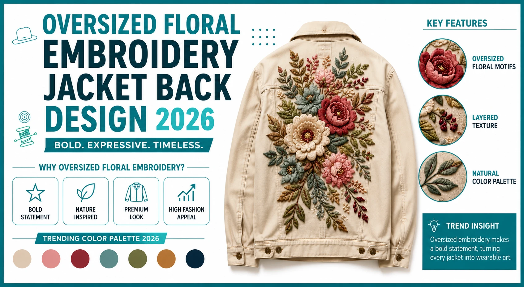 oversized floral embroidery panel on jacket back trending design 2026