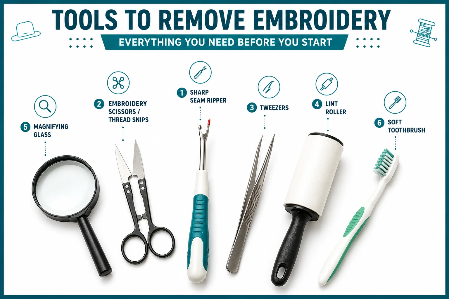 tools needed to remove embroidery — seam ripper, scissors, tweezers