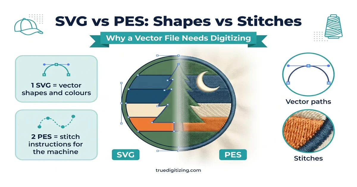 Split view of a vector SVG logo with anchor points beside the same logo as stitched PES embroidery