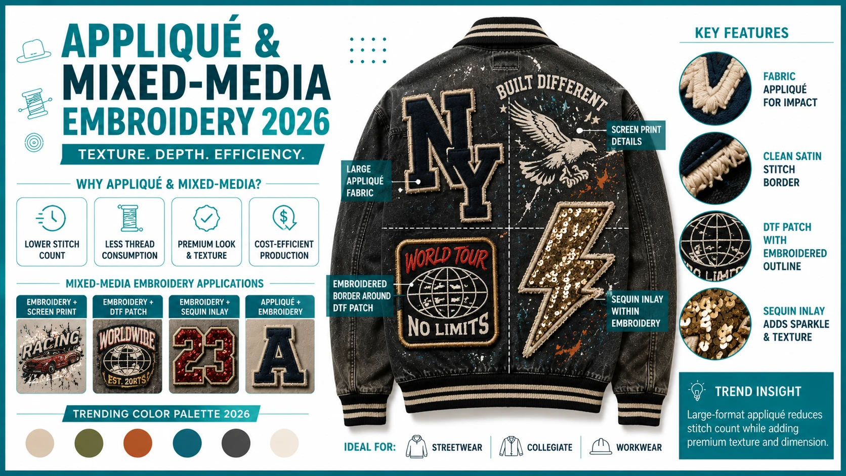 appliqué and mixed media embroidery design on jacket 2026 streetwear trend