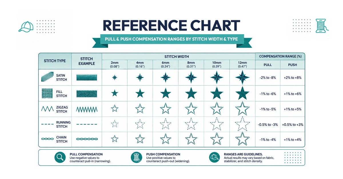 Reference chart showing pull and push compensation ranges by stitch width and type
