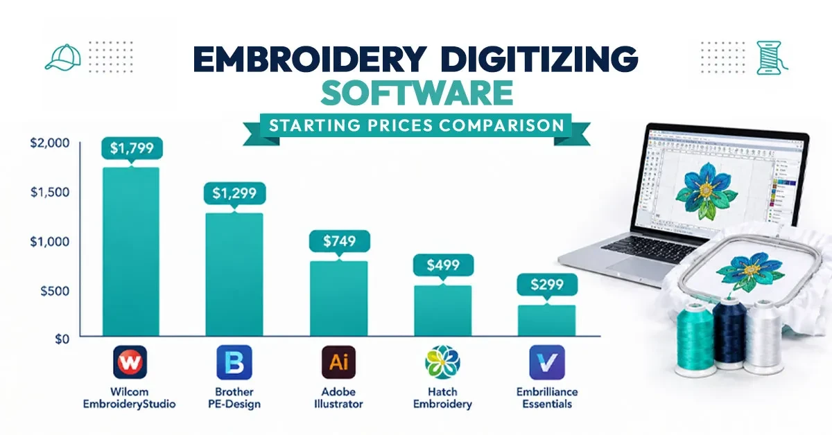 Bar chart comparing starting prices of embroidery digitizing software programs