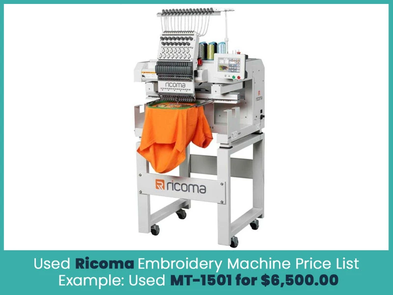 Used Ricoma Embroidery Machine Price List – Example: Used MT-1501 for $6,500.00