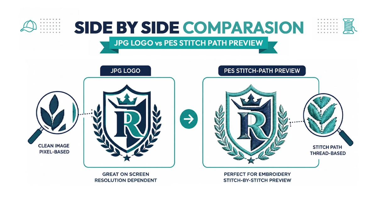 Side-by-side comparison of a JPG logo and its stitch-path PES preview