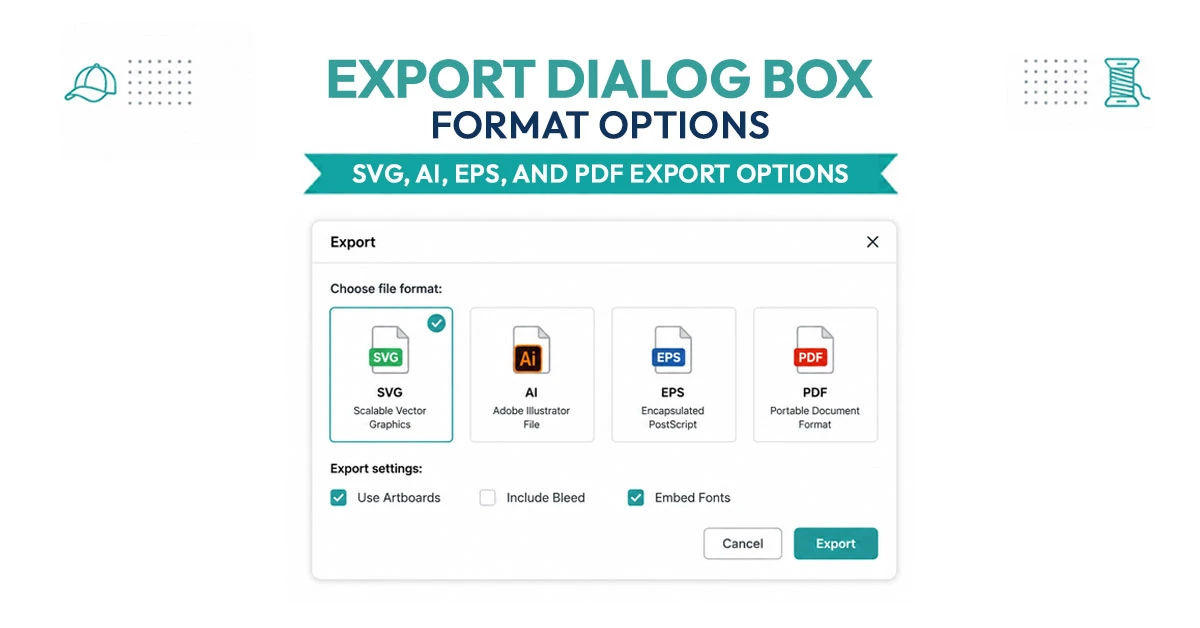 Export dialog box showing SVG, AI, EPS, and PDF format options