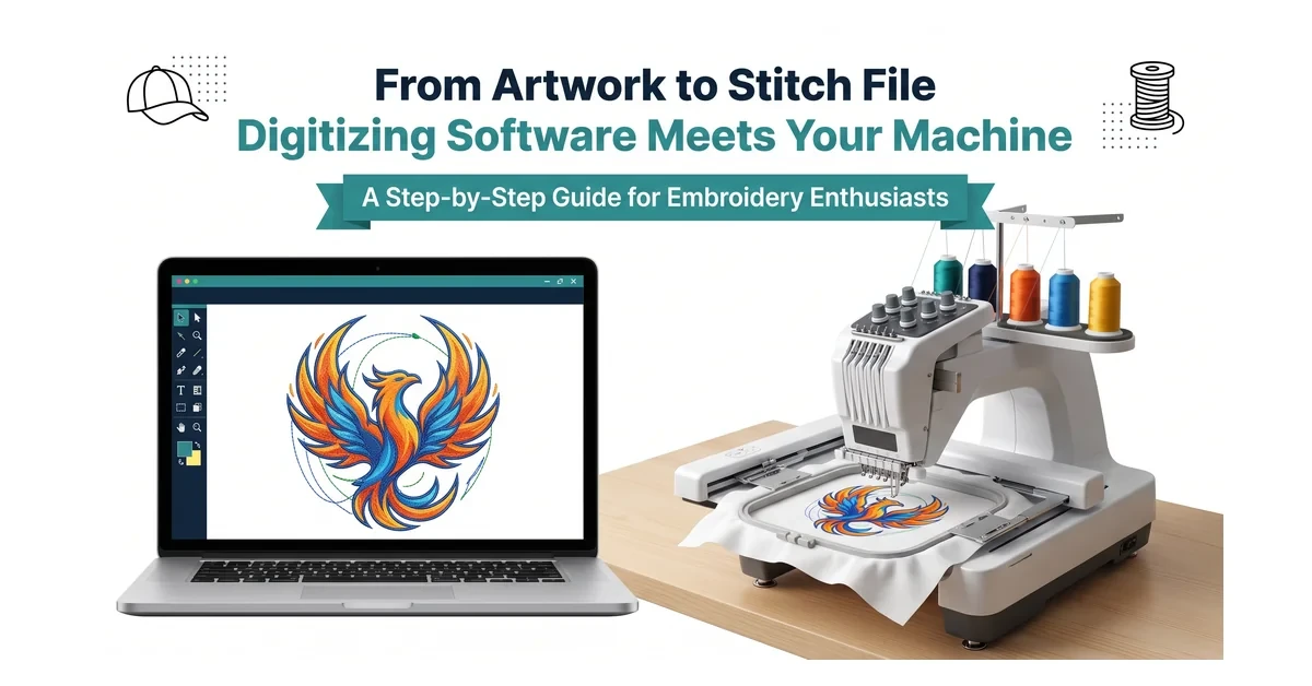Digitized embroidery file preview on a laptop next to an embroidery machine