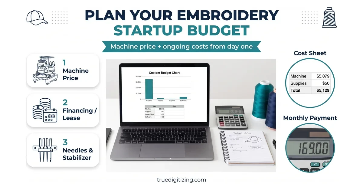 Small business owner reviewing embroidery machine pricing and budget on a laptop