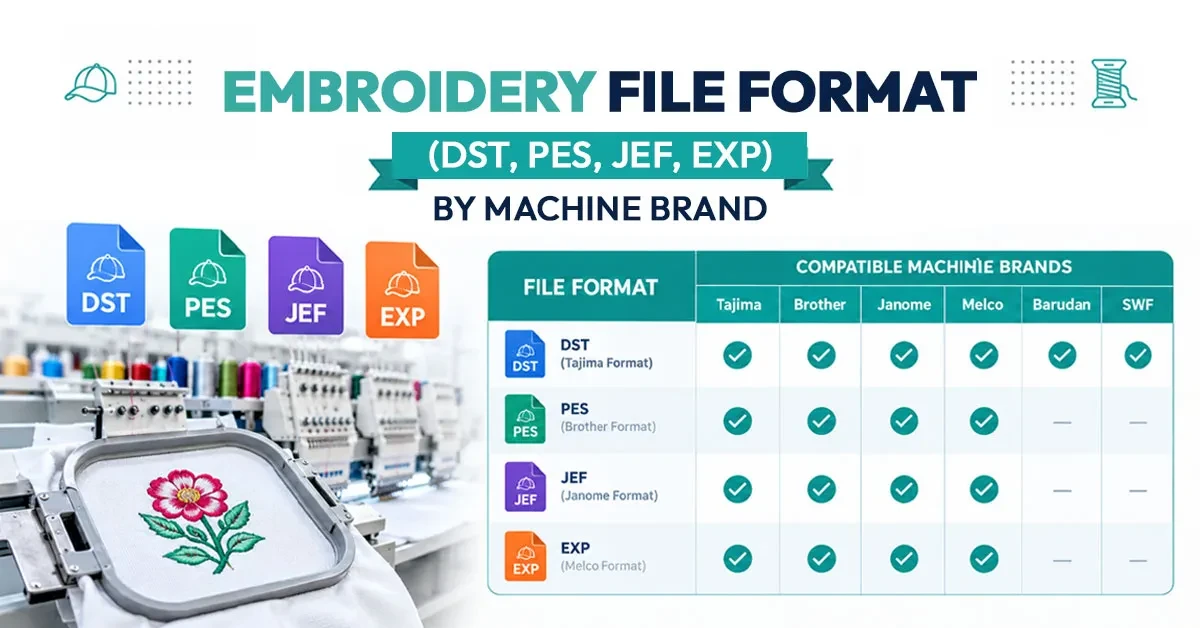 Checklist of embroidery file formats DST PES JEF EXP matched to machine brands