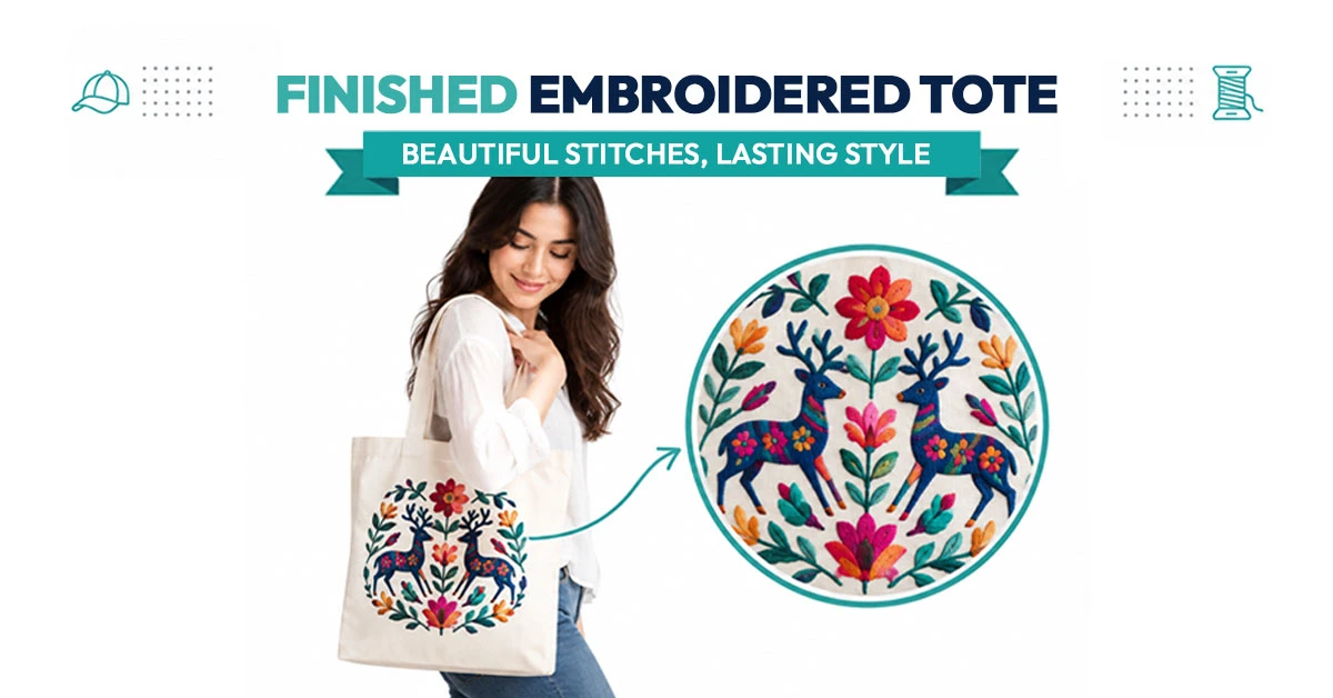 Finished tote bag with machine-embroidered Otomi-style deer pattern