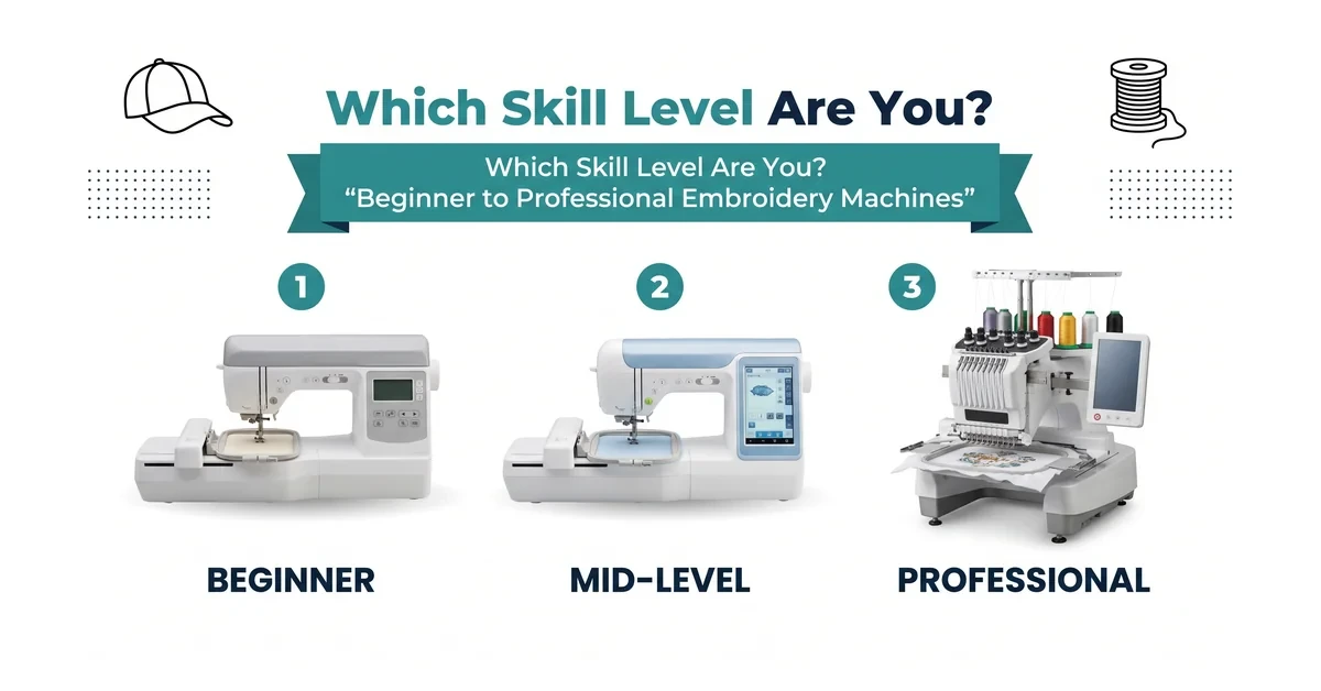 Three embroidery machines representing beginner, mid-level, and professional tiers