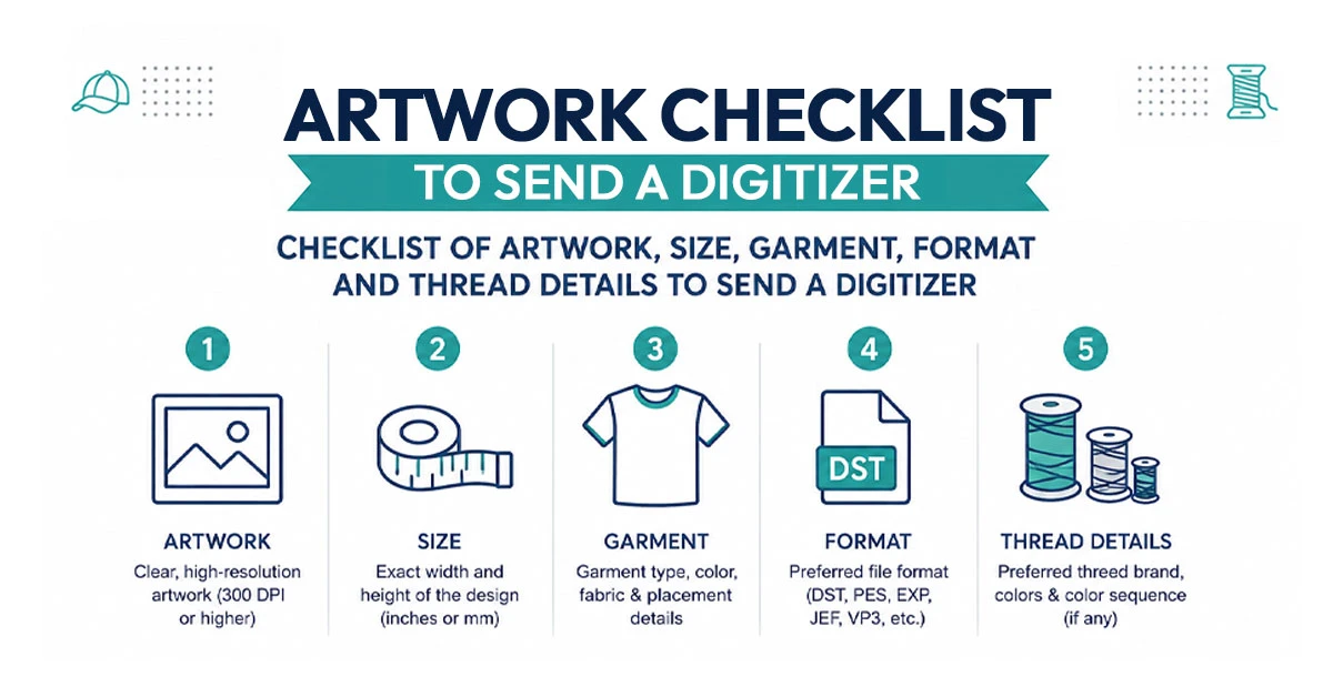 Checklist of artwork, size, garment, format and thread details to send a digitizer