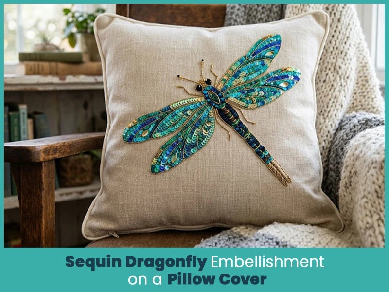 Sequin Dragonfly Embellishment on a Pillow Cover