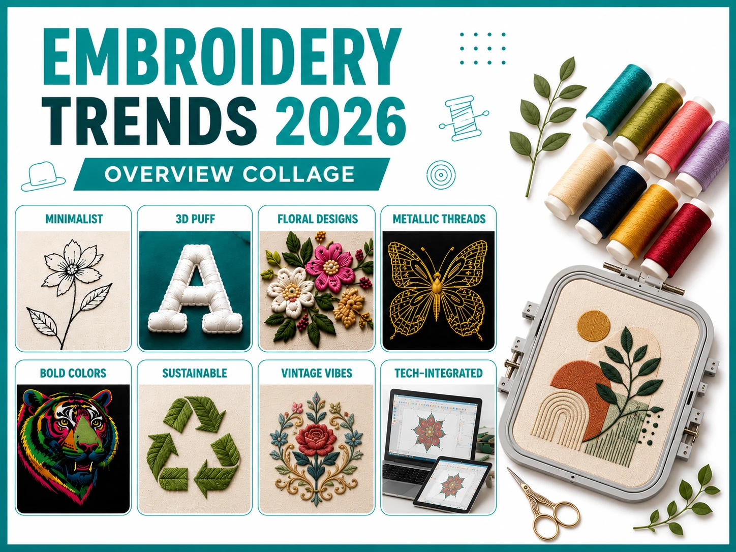 top embroidery trends 2026 including minimalist, 3D puff, floral and metallic designs