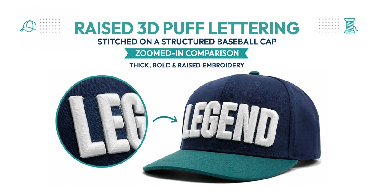 Raised 3D puff lettering stitched on a structured baseball cap