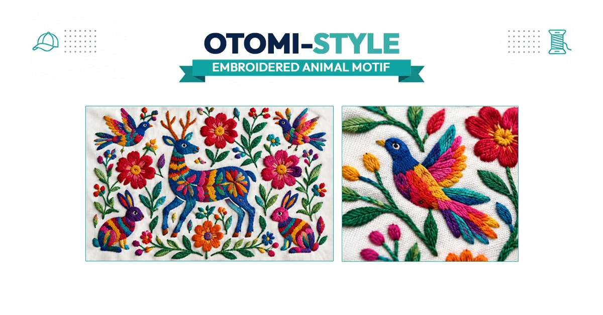 Otomi-style embroidered animal motif on white cotton fabric