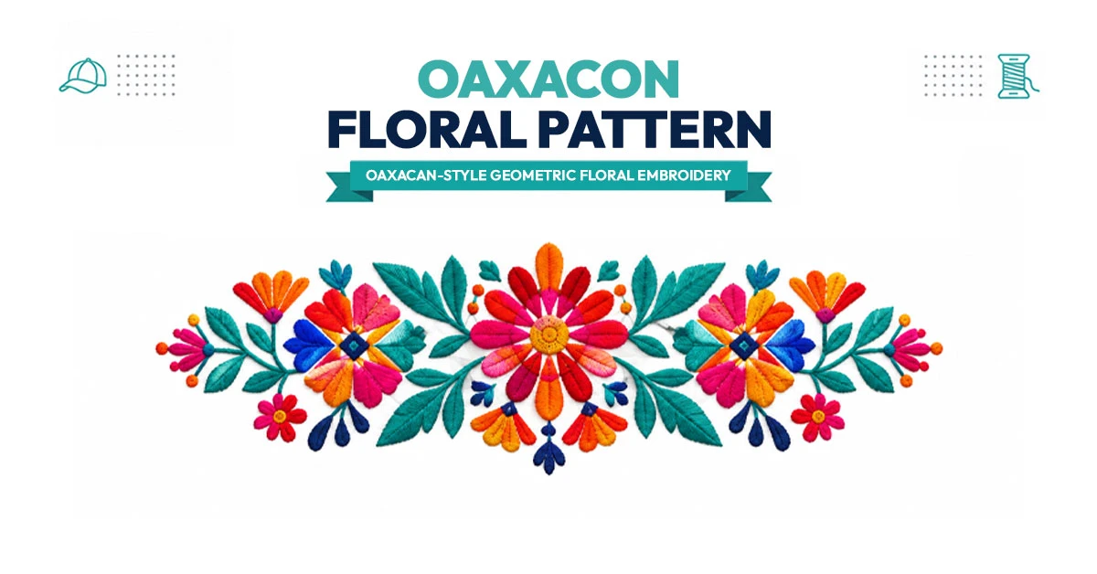 Oaxacan-style geometric floral embroidery in bright color blocks