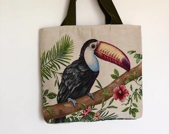 Sequin Toucan Embellishment on a Canvas Tote