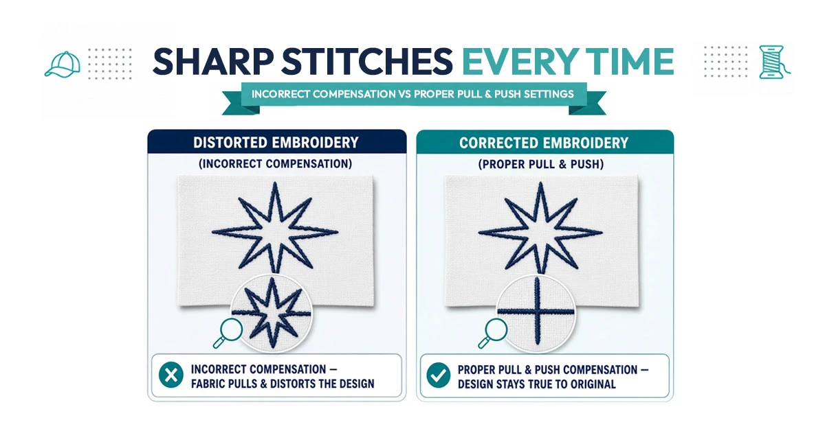 Comparison of a distorted embroidered logo with incorrect compensation next to a corrected version with proper pull and push settings